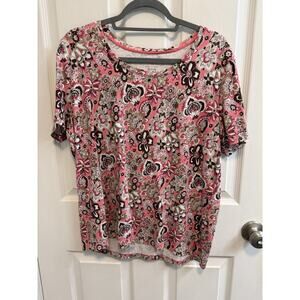 White Stag XXL Coral Brown Floral Top Short Sleeve Round Neck Runs Small